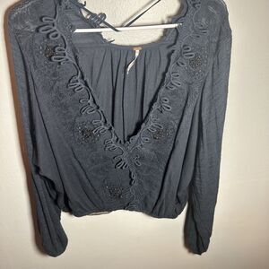 Free People Navy Boho Peasant Top Sz Small Surplice Wrap Embellished Cottagecore